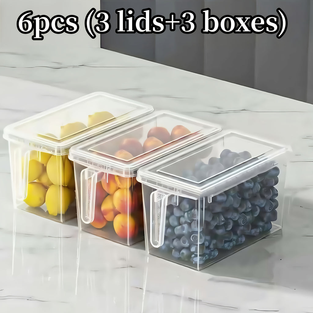 [Durable Food Organizer Bins] 6pcs (3pcs Boxes And 3pcs Lids) Refrigerator Storage Containers With Handles - Durable Plastic Food Organizer Bins For Fruits, Vegetables, Grains, Meats And Drinks, Easy-To-Move Design For Efficient Kitchen And Fridge Organiz
