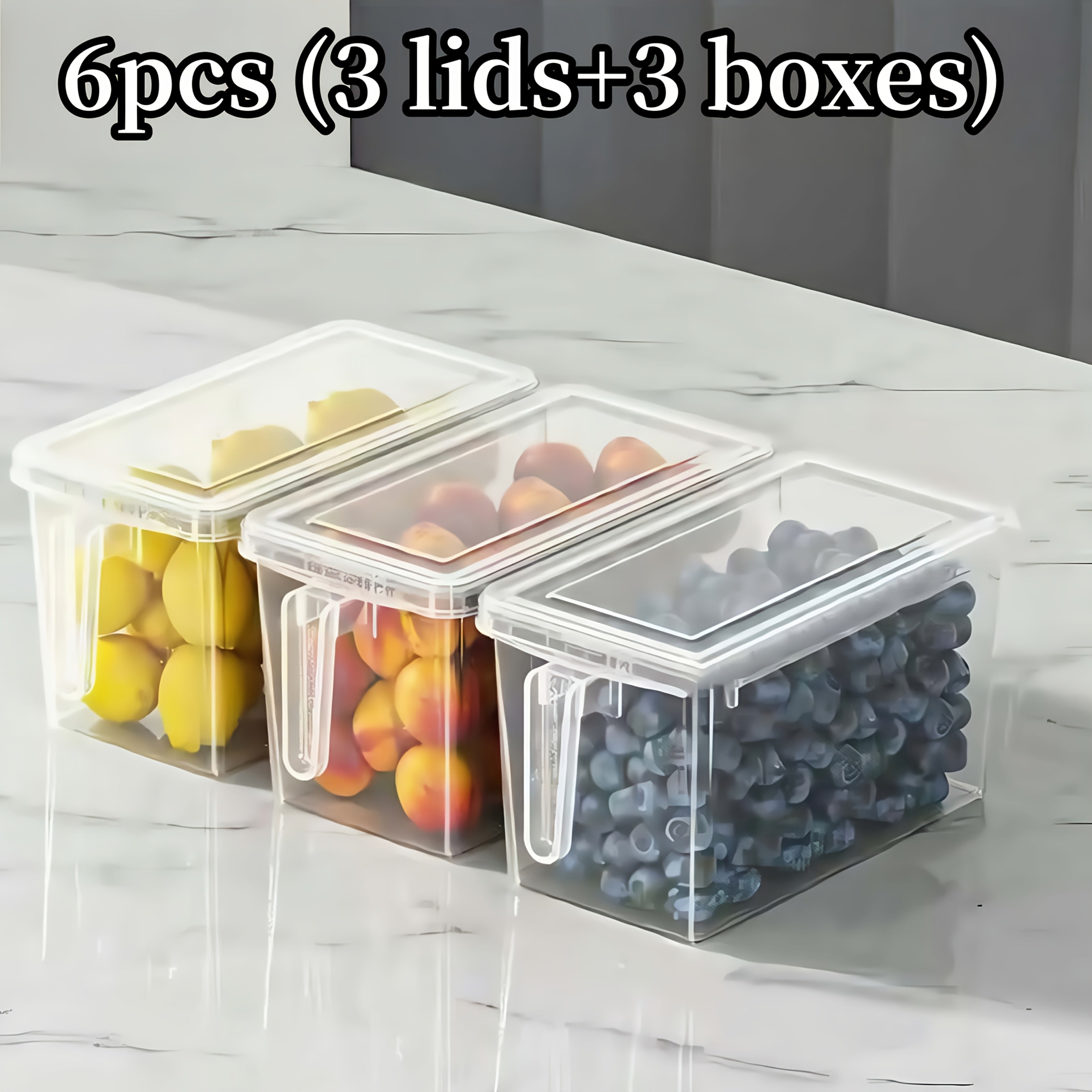[Durable Food Organizer Bins] 6pcs (3pcs Boxes And 3pcs Lids) Refrigerator Storage Containers With Handles - Durable Plastic Food Organizer Bins For Fruits, Vegetables, Grains, Meats And Drinks, Easy-To-Move Design For Efficient Kitchen And Fridge Organiz