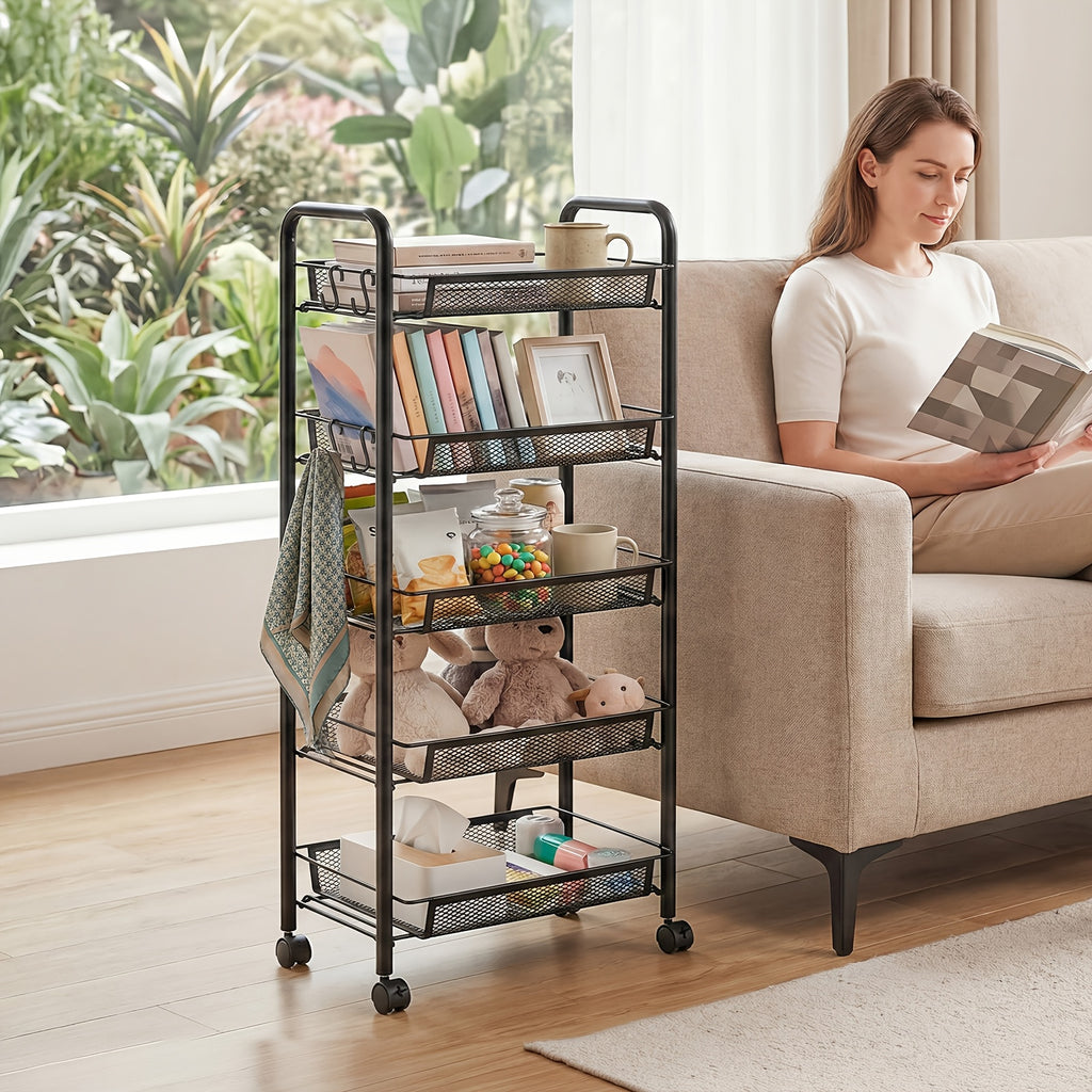 Versatile Adjustable Home Storage Rack – durable multi-purpose storage, Carbon Steel 5-Tier Rolling Storage Cart - Multi-Functional Easy to Use with Hooks Removable, designed for American homes, daily convenience and practical gifting