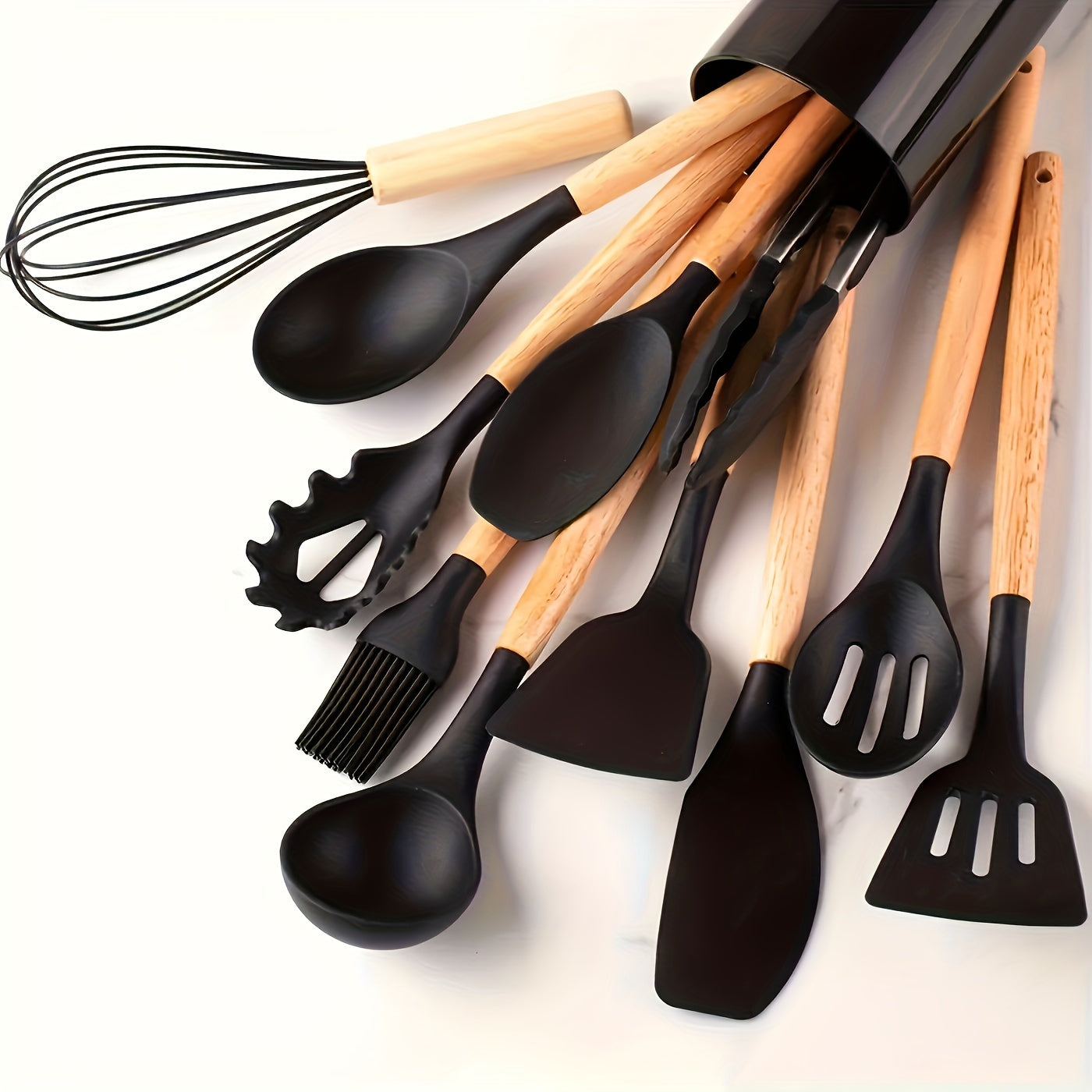 Kitchen Tools – oven-ready cooking and serving, 12pcs Silicone Kitchen Utensil Set with Wooden Han