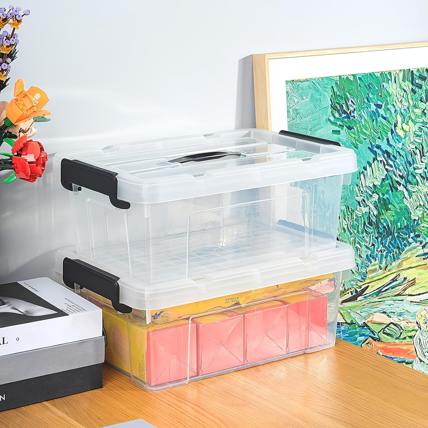 2/4/6pcs, 8/15 Quark Large Plastic Storage Box with Lid | Heavy-duty Bathroom Storage, Pressure-resistant, Sealed Transparent Storage Container with Lid | Essential Storage Item for Home And Dormitory, Suitable for Home/Garage And Other Uses