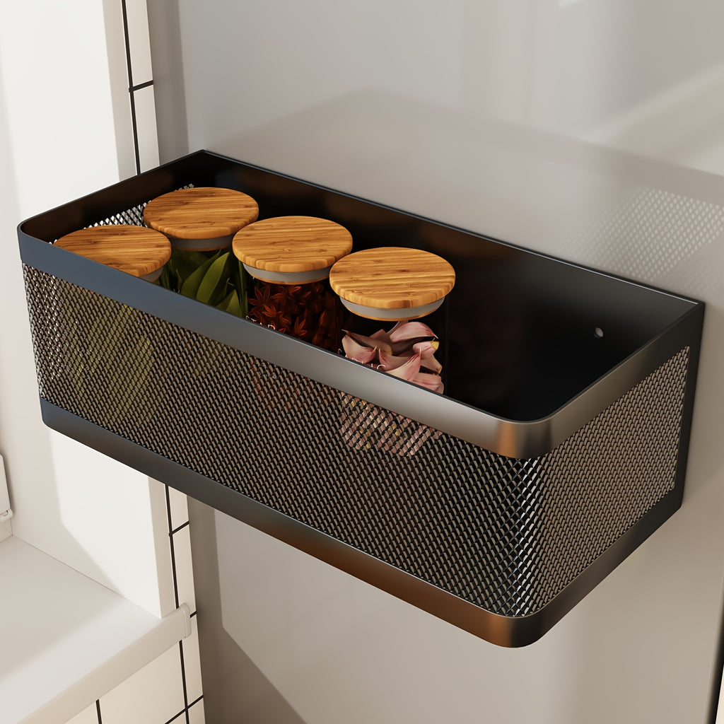 1 Set Refrigerator Magnetic Shelf Metal Spice Rack Basket Seasoning Oils Kitchen Gadgets, Large Capacity, Strong Magnetic Adhesion, Floating Shelves