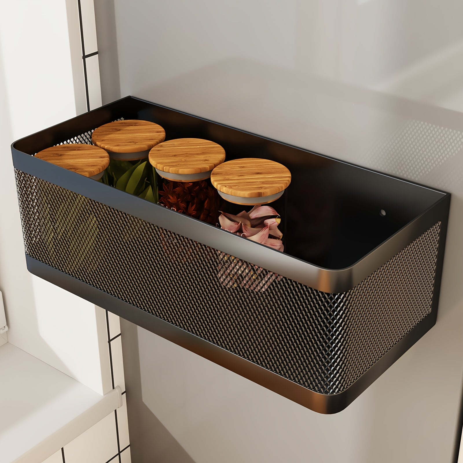 1 Set Refrigerator Magnetic Shelf Metal Spice Rack Basket Seasoning Oils Kitchen Gadgets, Large Capacity, Strong Magnetic Adhesion, Floating Shelves