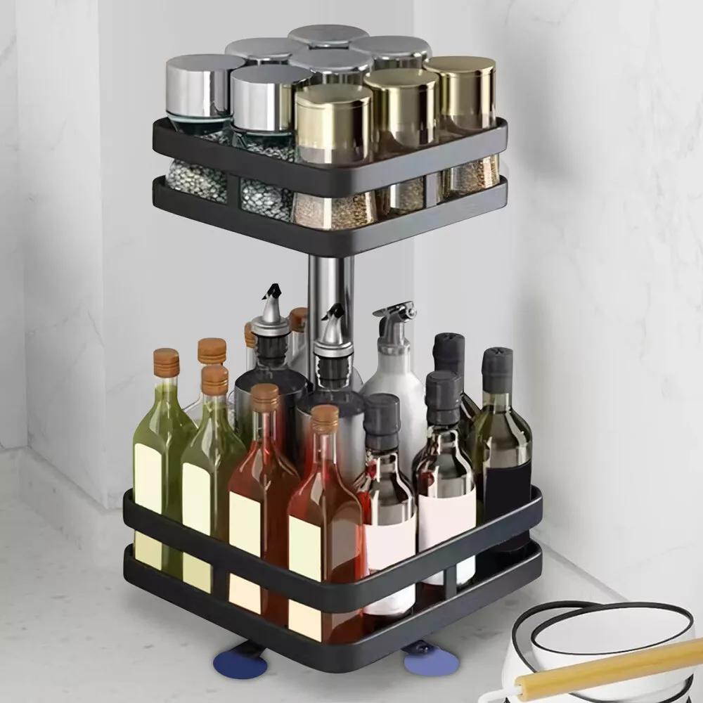 2 Tier Metal Lazy Susan Spice Rack Rotate Height Adjustable Seasoning Organizer