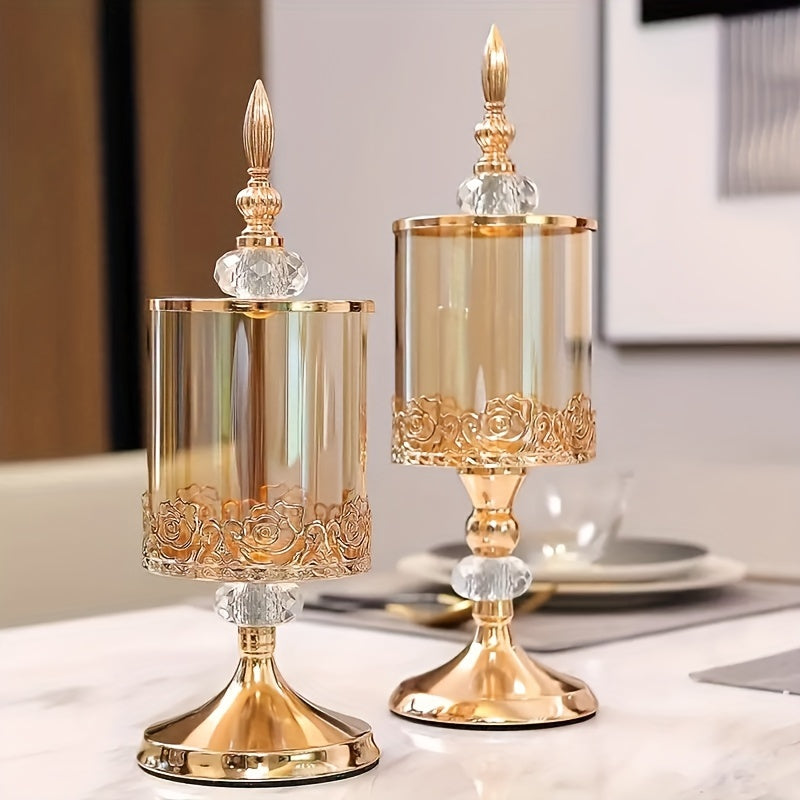 Easy-Access 2pcs Airtight Storage Jar Set – clear reusable pantry storage, 2pcs Vintage Elegant Glass Candy Dish with Lid Golden Crystal Jar for Candy Buffet, designed for American homes, daily convenience and practical gifting