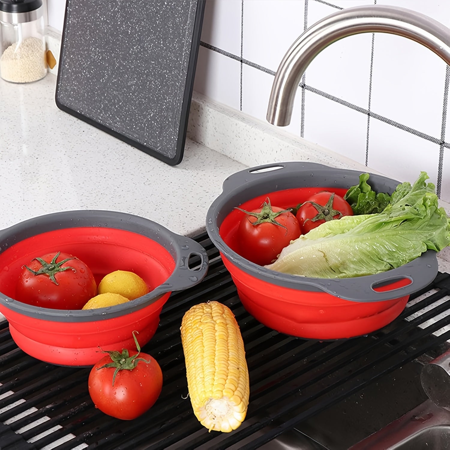 Collapsible Colander, 2pcs Set of Collapsible Strainers, Space-Saving Kitchen, Food-Grade Silicone Folding Strainer Colander with Handle, Red