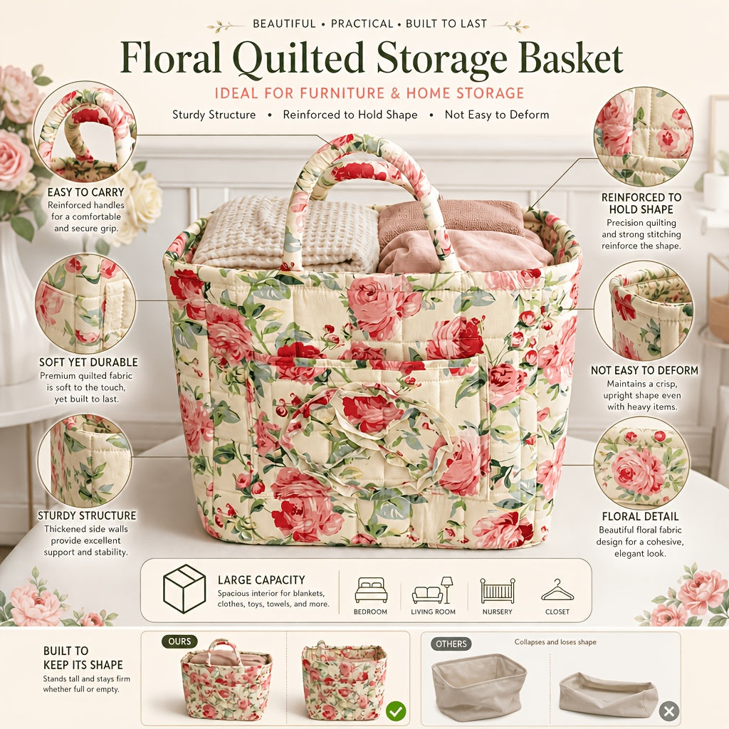 Modern Adjustable Home Storage Rack – durable multi-purpose storage, Large Floral Series Storage Basket Vintage Quilted Floral Portable Large-Capacity Home Storage Basket Suitable, designed for American homes, daily convenience and practical gifting