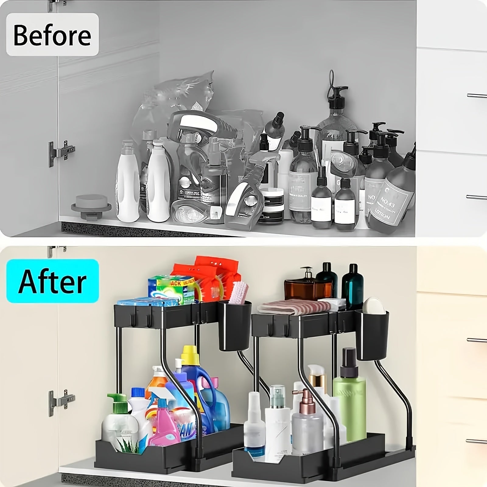 Kitchen Storage Organizer – 2pcs Under Sink Organizer with Sliding Shelves Multi-Purpose Black Plastic Storage Basket for Bathroom And Kitchen Cabinet Durable Construction Bathroom Organizer