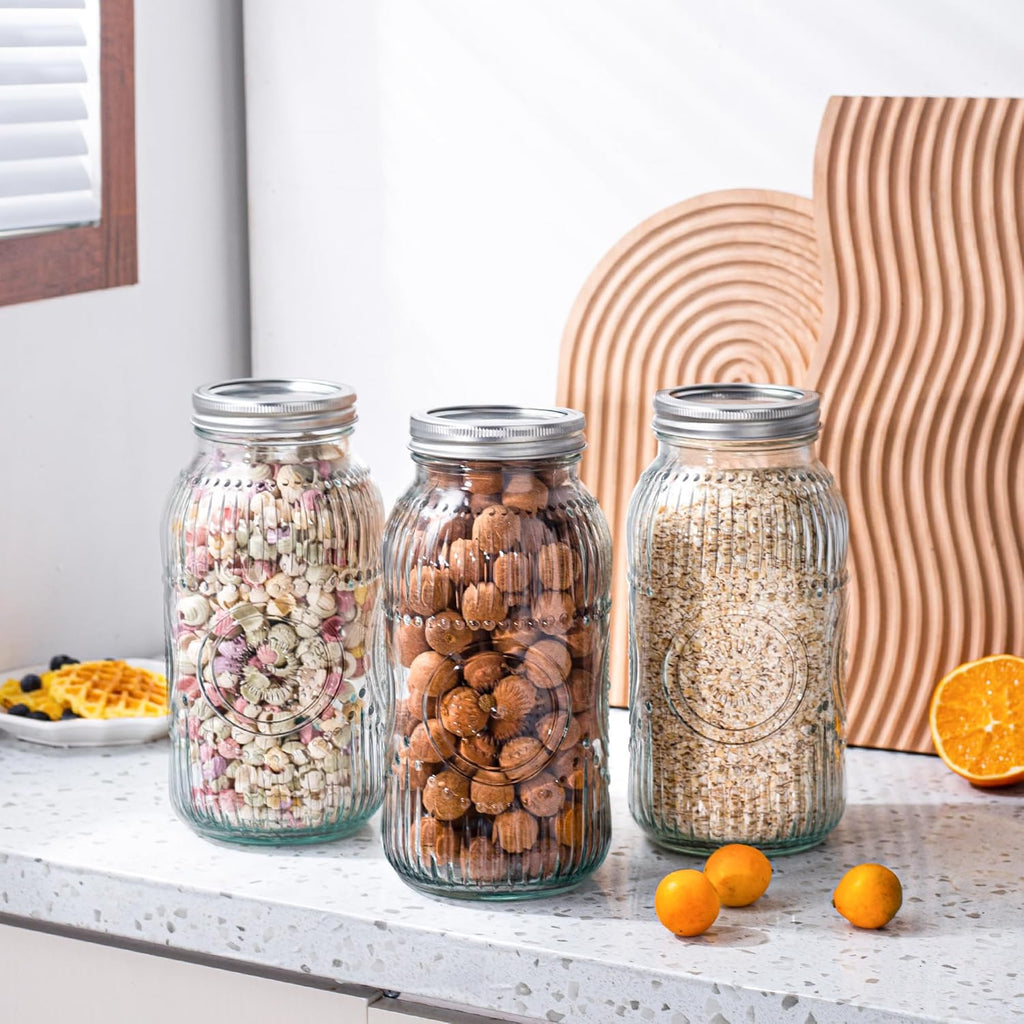 Space-Saving 64oz Mason Jar Set – clear reusable pantry storage, Amzcku 64oz Vintage Mason Jars with Lids Wide Mouth 2 Quart Canning Jar Half, designed for American homes, daily convenience and practical gifting