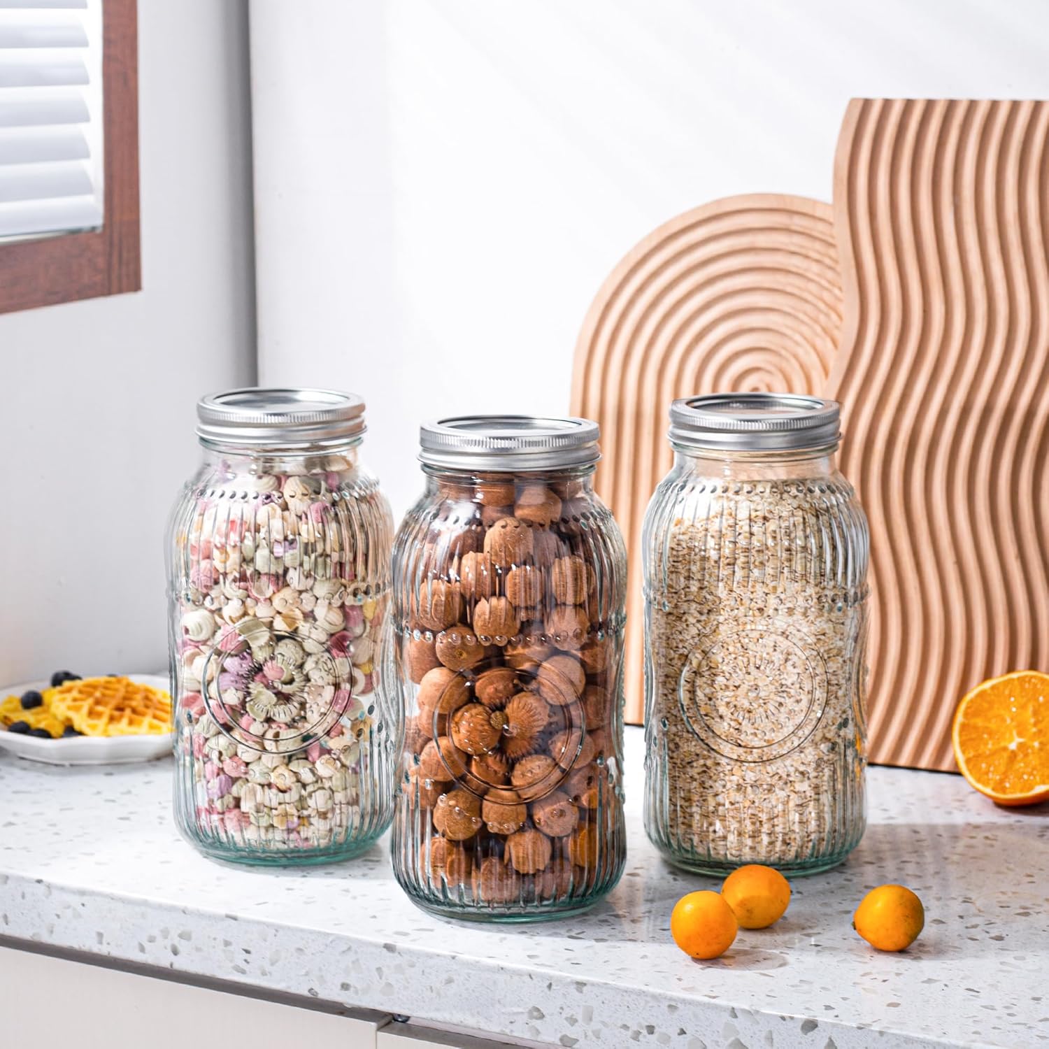 Space-Saving 64oz Mason Jar Set – clear reusable pantry storage, Amzcku 64oz Vintage Mason Jars with Lids Wide Mouth 2 Quart Canning Jar Half, designed for American homes, daily convenience and practical gifting