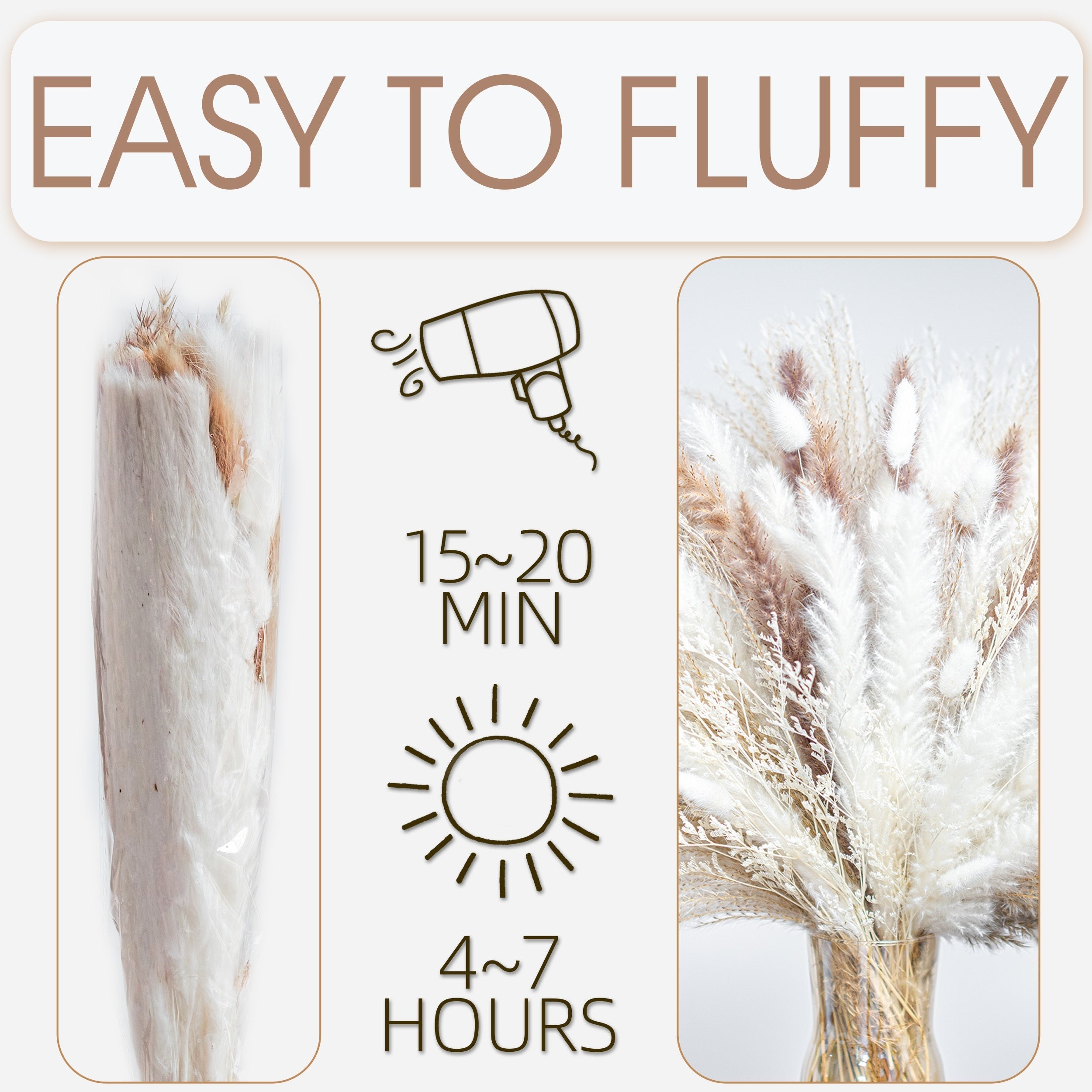 Dried Pampas Grass Decor, 120pcs Pampas Grass with Bunny Tails Dried Flowers, Reed Grass Bouquet for Wedding, Boho Flowers, Home Table Decor, Rustic Farmhouse Party