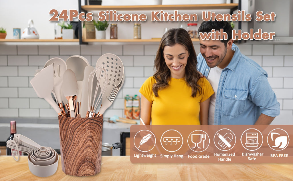 24pcs Silicone Cooking Utensils Set - Kitchen Utensils Set with Storage Box, Wood Pattern Handle Silicone Utensils for Cooking with Food Safety Turner, Pasta Server, Skimmer, Ladle, Spoon, Tong, Whisk