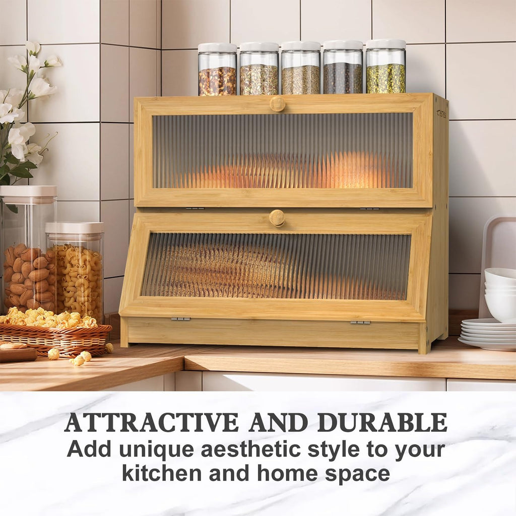 Versatile Countertop Bread Storage Box – fresh-bread countertop organization, 2-Tier Bamboo for bread Box Roll-Top Doors No Cross Flavor Natural Bamboo Countertop Food, designed for American homes, daily convenience and practical gifting