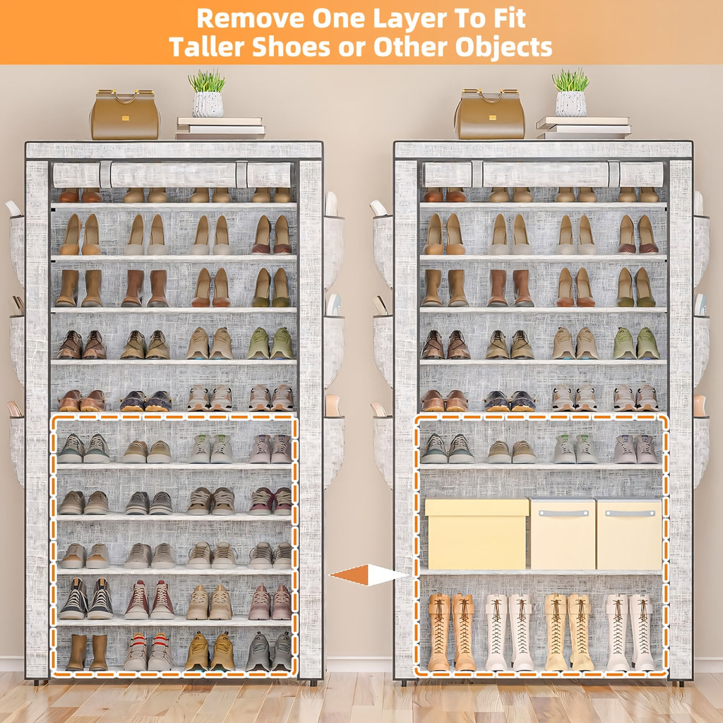 10 Tiers Large Shoe Rack With Covers, Stackable Tall Shoe Rack Organizer With 6 Side Pockets, Shoe Shelf Holds 50-55Pairs Sturdy Metal Shoe Rack Storage Organizer Cabinet, Shoe Racks Organizer For Closet Garage, Home Decor, Halloween And Christmas