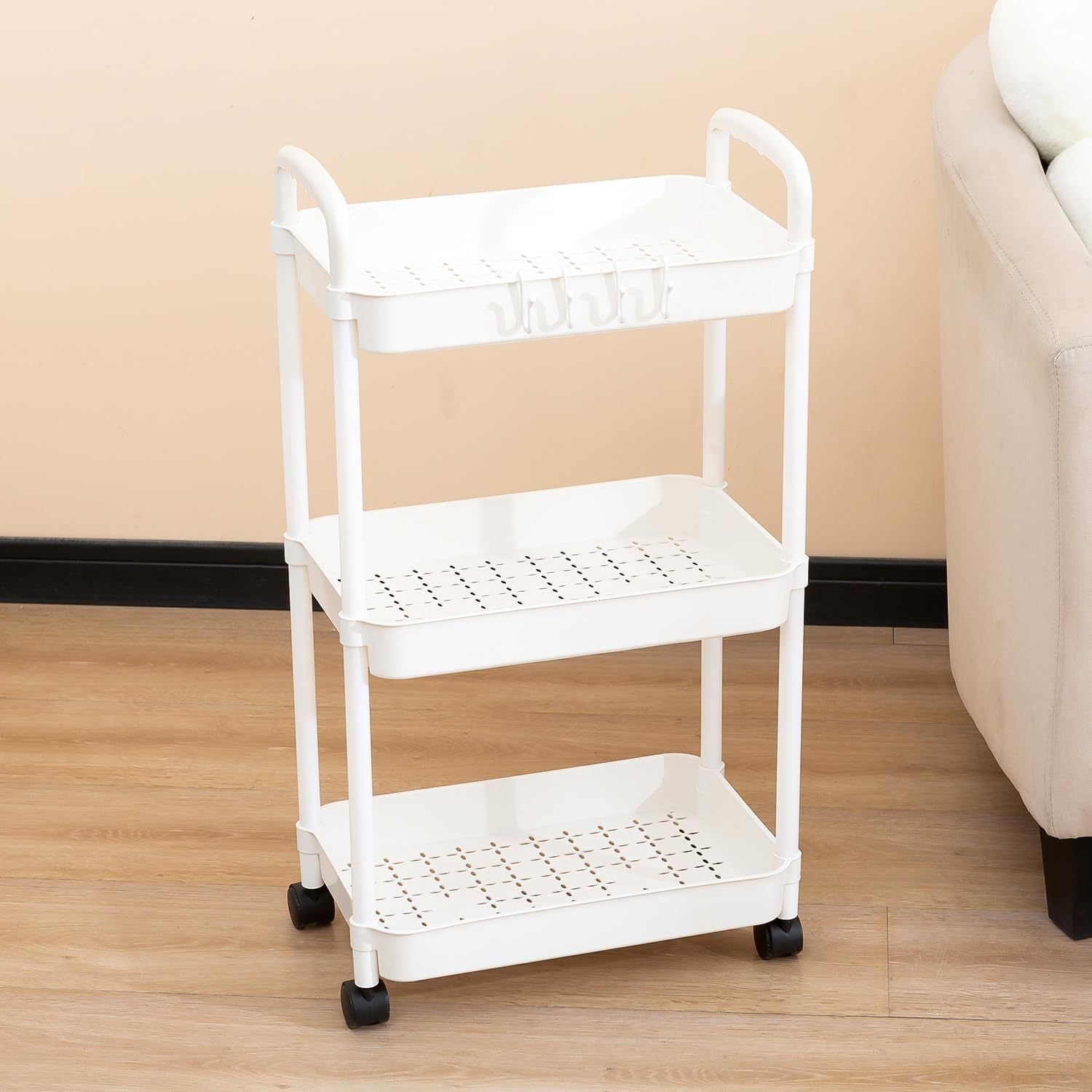 2pcs Rolling Cart with Wheels and Handle,Rolling Storage Cart for Office, Living Room, Laundry Room,Kitchen,Bathroom, Black White