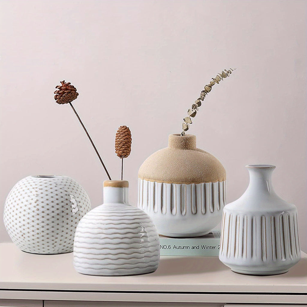 4pcs Bohemian Minimalist Small Ceramic Vases, Suitable for Bedrooms, Living Rooms, Offices, Fireplace Centers, Used as Farmhouse and Rural Retro Vase Home Decorations, and Various Holiday Gifts.