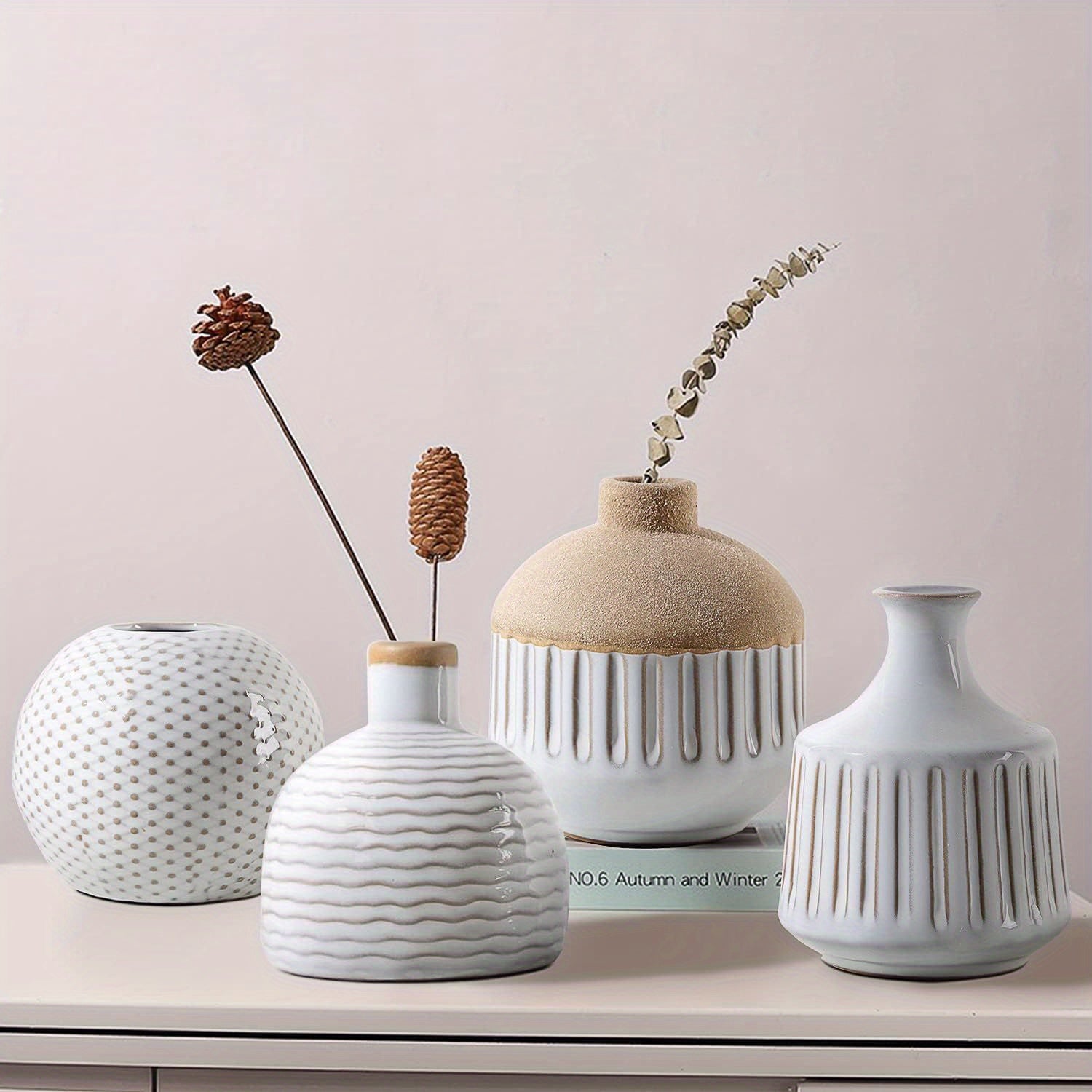 4pcs Bohemian Minimalist Small Ceramic Vases, Suitable for Bedrooms, Living Rooms, Offices, Fireplace Centers, Used as Farmhouse and Rural Retro Vase Home Decorations, and Various Holiday Gifts.