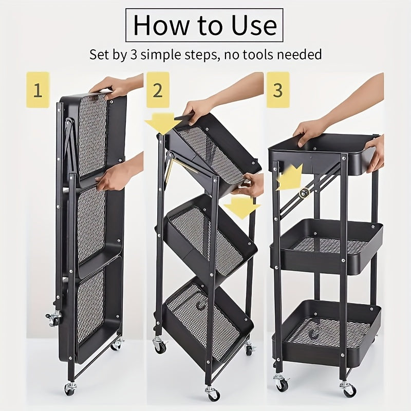 1pc Foldable 3-Tier Metal Rolling Cart, No Assembly Required, Space-Saving Foldable Storage Cart for Floor Use, Cabinet Shelf Organizer In Black, Ideal for Office, Study Room And More, Office Supplies Storage, Office Supplies And Accessories Father's