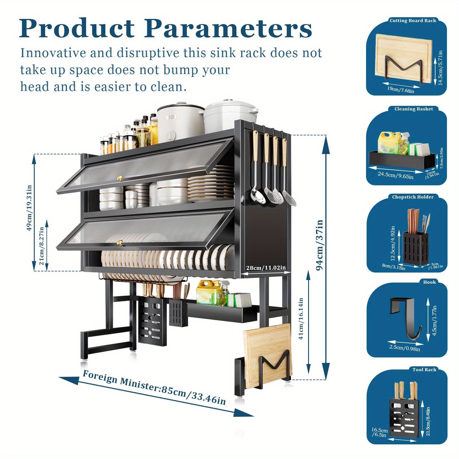 3-Tier Black Metal Kitchen Organizer with Dish Rack, Cutting Board Holder & Utensil Hooks - Over Sink/Countertop Space-Saving Storage for Plates, Bowls - Includes Lid, Spice Containers & Cup Holders - Durable Design for Organized Home Chef Kitchens