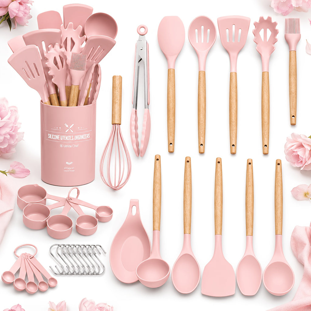 Kitchen Essential – [33pcs Silicone Kitchen Utensil Set With Holder] Heat Resistant Non-Stick Cooking Tools, Kitchen Accessories Set, Include Whisk Tong Spatula, Dishwasher Safe Cookware For