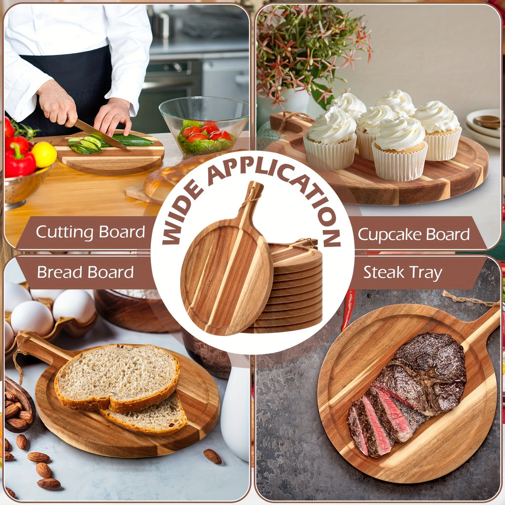 Premium 12 Pack Kitchen Cutting Board – durable food prep and serving, 12 Pack Acacia Wood Cutting Board Bulk With Handle Round Wooden Serving Tray Kitchen, designed for American homes, daily convenience and practical gifting