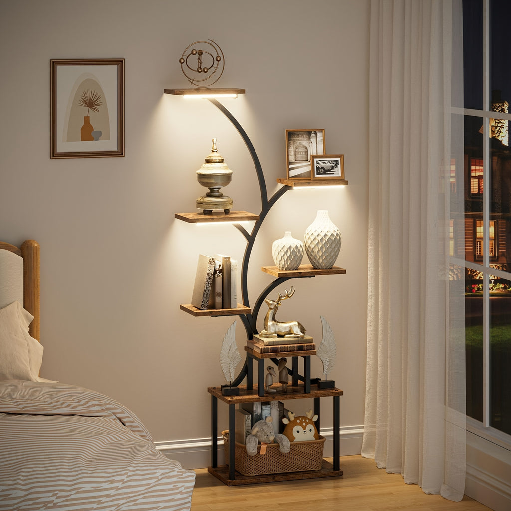1pc Bookcase with LED Lights, 8-tier Corner Display Stand, 61.5" Multi-functional Metal Display Shelf for Plants, Handicraft, Tree-shaped Plant Shelf for Living Room, Study, Bedroom, Balcony, Entrance, Home Decor, Good Gift Choice