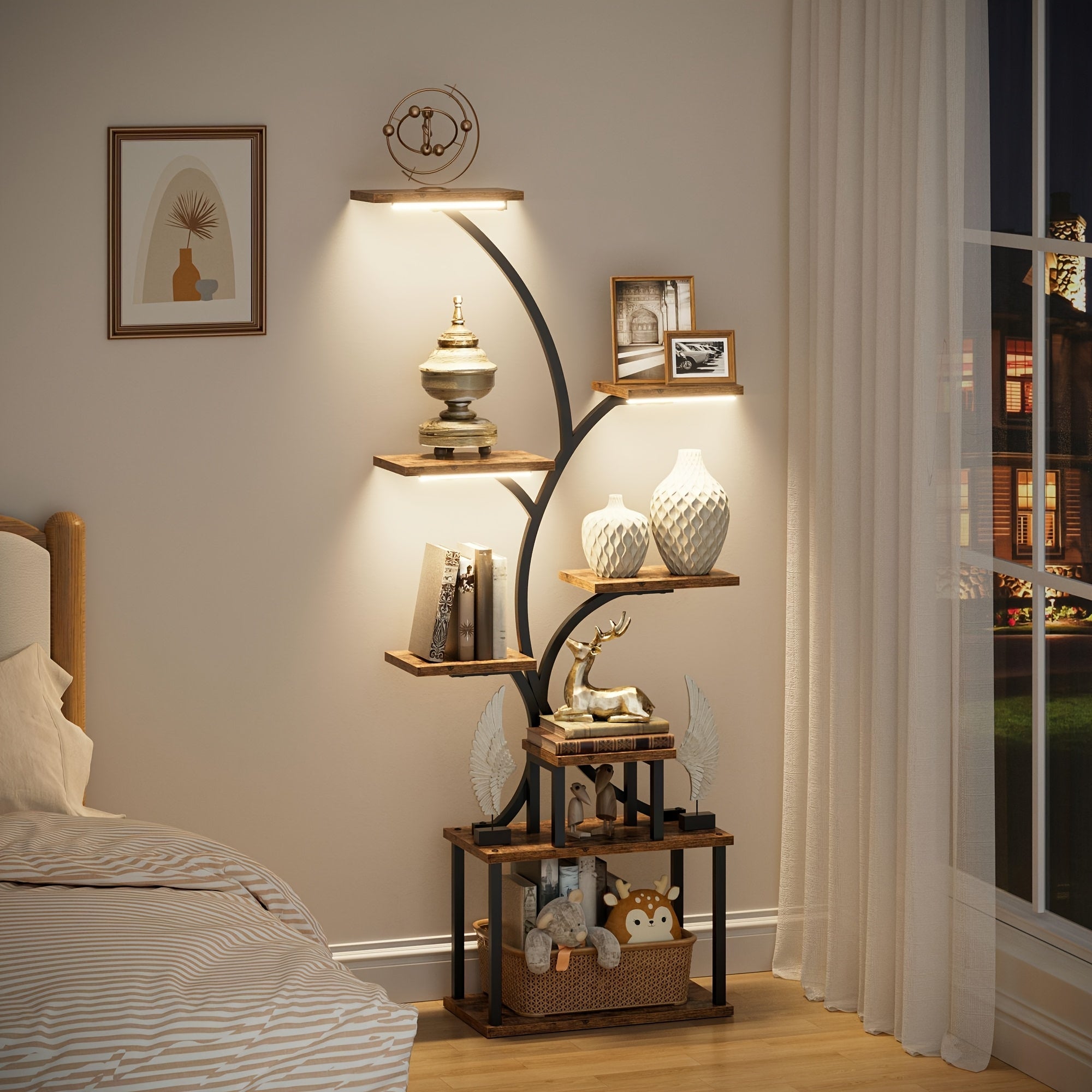 1pc Bookcase with LED Lights, 8-tier Corner Display Stand, 61.5" Multi-functional Metal Display Shelf for Plants, Handicraft, Tree-shaped Plant Shelf for Living Room, Study, Bedroom, Balcony, Entrance, Home Decor, Good Gift Choice