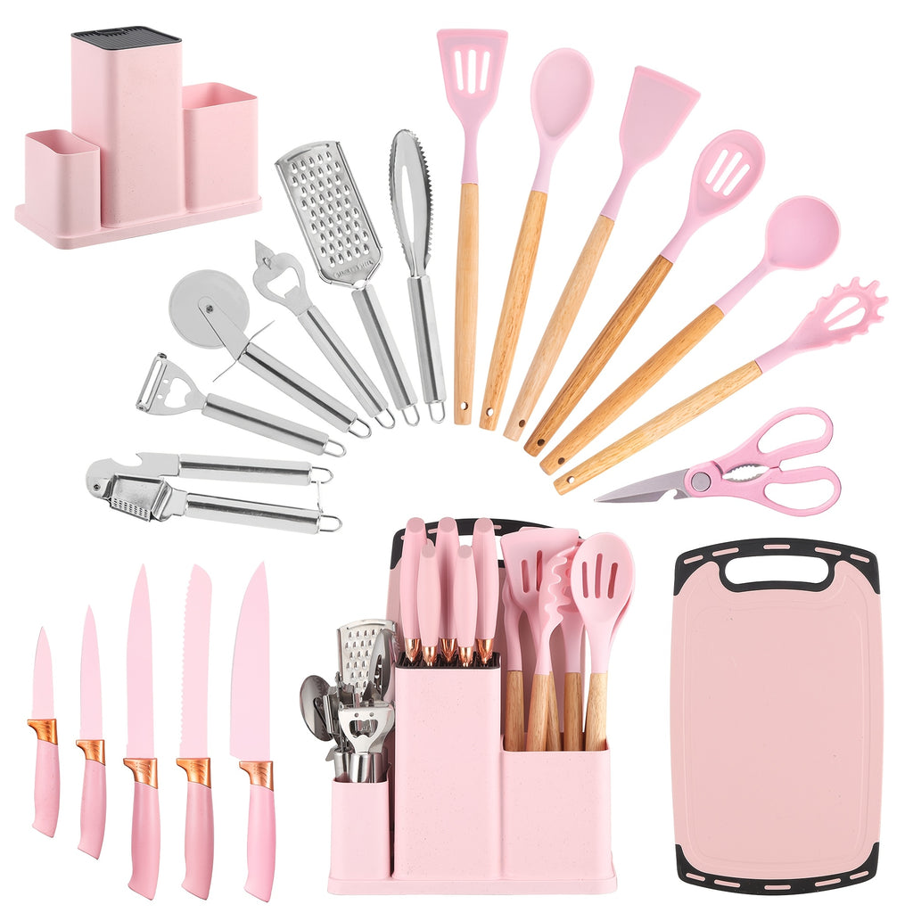 Kitchen Essential – 20pcs Premium Silicone Kitchen Utensil & Knife Set - All-In-One Nonstick Knife Set with Holder, Full Cooking Tools for Home Kitchen, Silicone Wooden Handle Cooking Tools,