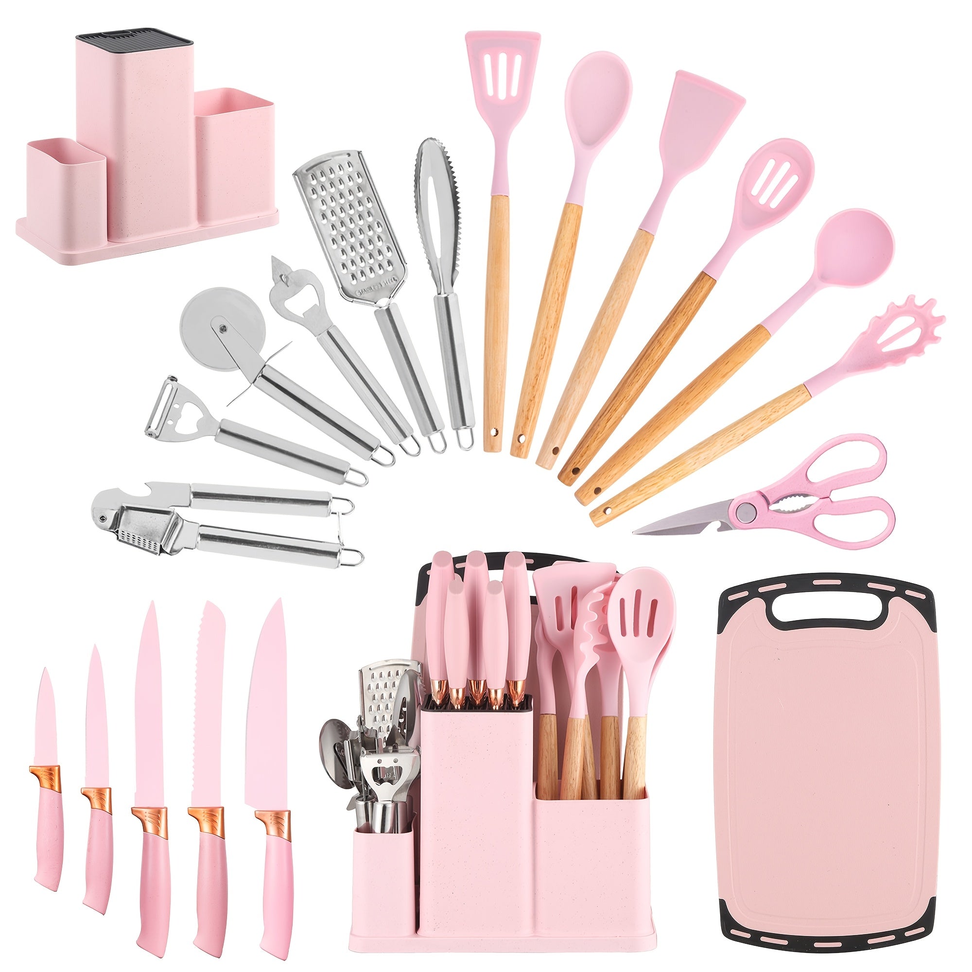 Kitchen Essential – 20pcs Premium Silicone Kitchen Utensil & Knife Set - All-In-One Nonstick Knife Set with Holder, Full Cooking Tools for Home Kitchen, Silicone Wooden Handle Cooking Tools,