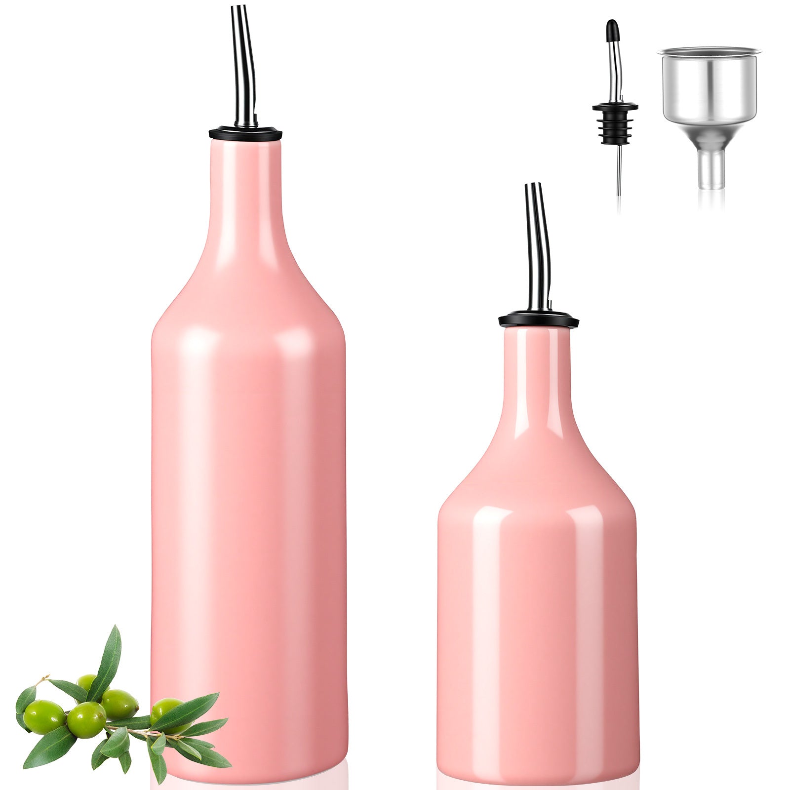 2pcs Ceramic Pink Olive Oil Dispenser Bottle for Kitchen with Stainless Steel Spout Large Capacity for Storage of Oil, Vinegar, Coffee Syrups And Other Liquids