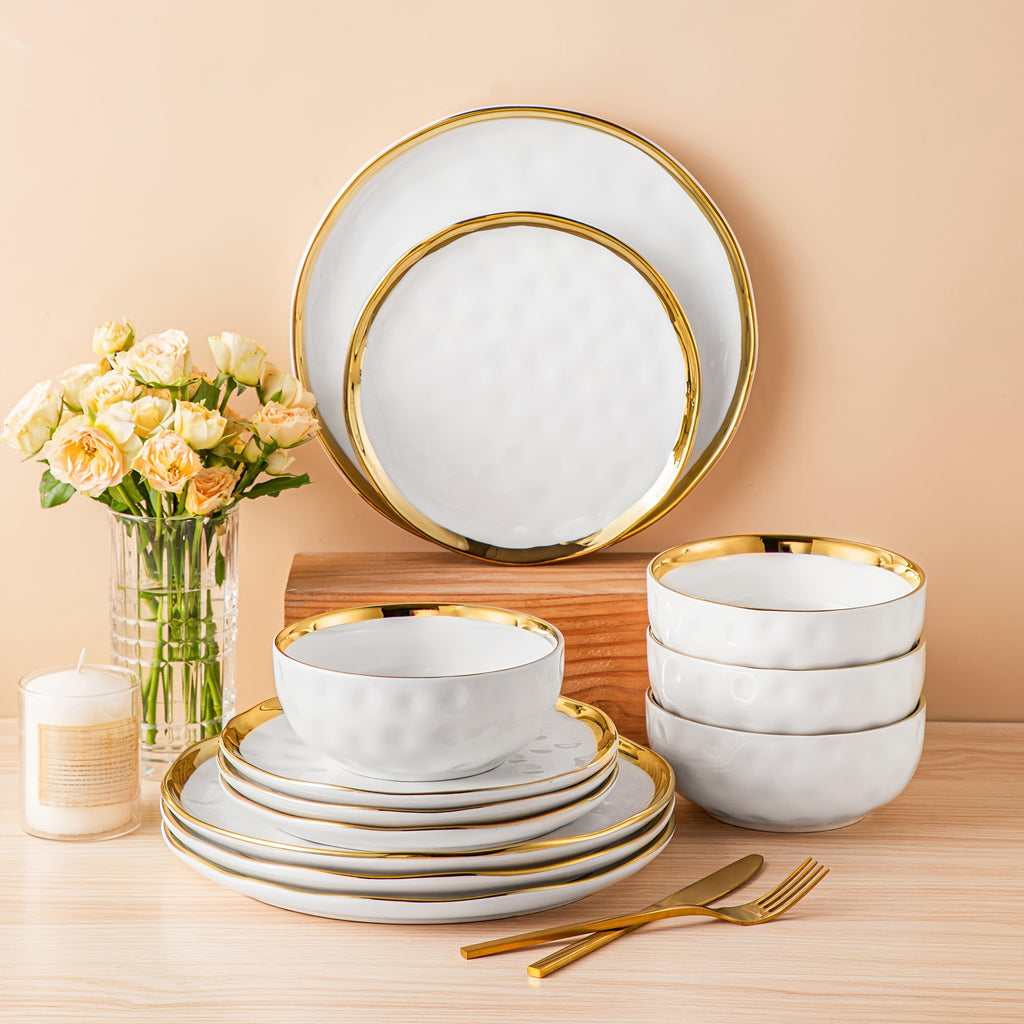 [Dinnerware Sets] 12pcs White And Golden Stoneware Dinnerware Sets Handmade Dinnerware With Golden Trim, Dishwasher Safe Dinner Set