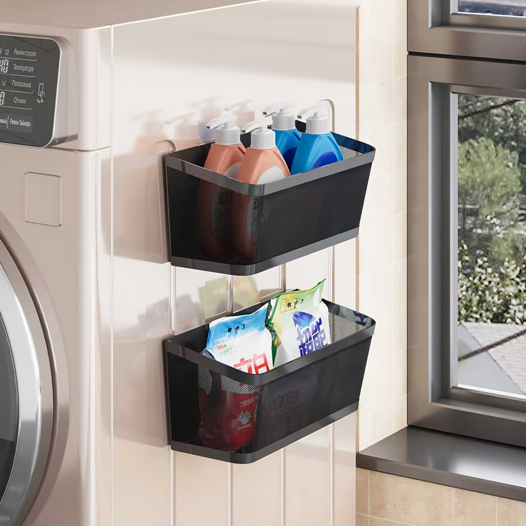 2pcs Magnetic Storage Baskets with Heavy-Duty Carbon Shelf - Magnetic Base Suitable for Washing Machine, Fridge & Laundry Room Organization - Space-Saving Shelving for Detergent, Fabric Softener, Spice Rack (Black), Laundry Baskets