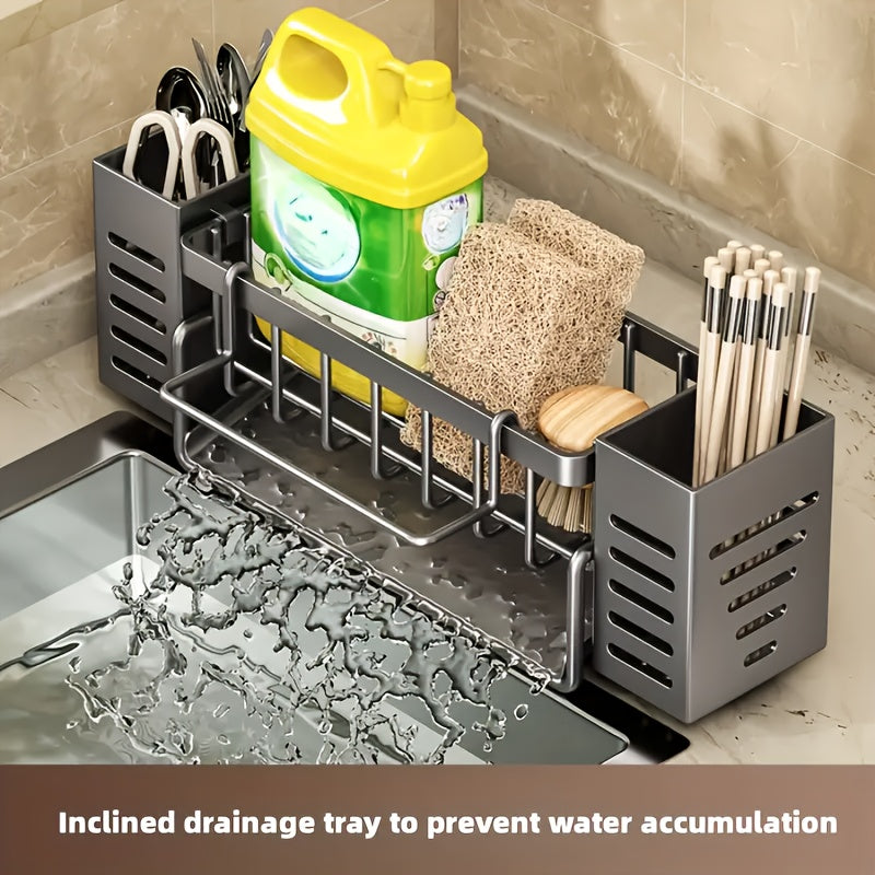 1/2pcs Heavy-Duty Metal Kitchen Sink Organizer Tray - Sink Drainage Rack with Built-in Sponge Holder, Dish Brush Slot - Space-Saving Countertop Organizer, Compatible with Standard Sinks - Easy to Clean Kitchen Storage Rack, Compact Design, Sturdy