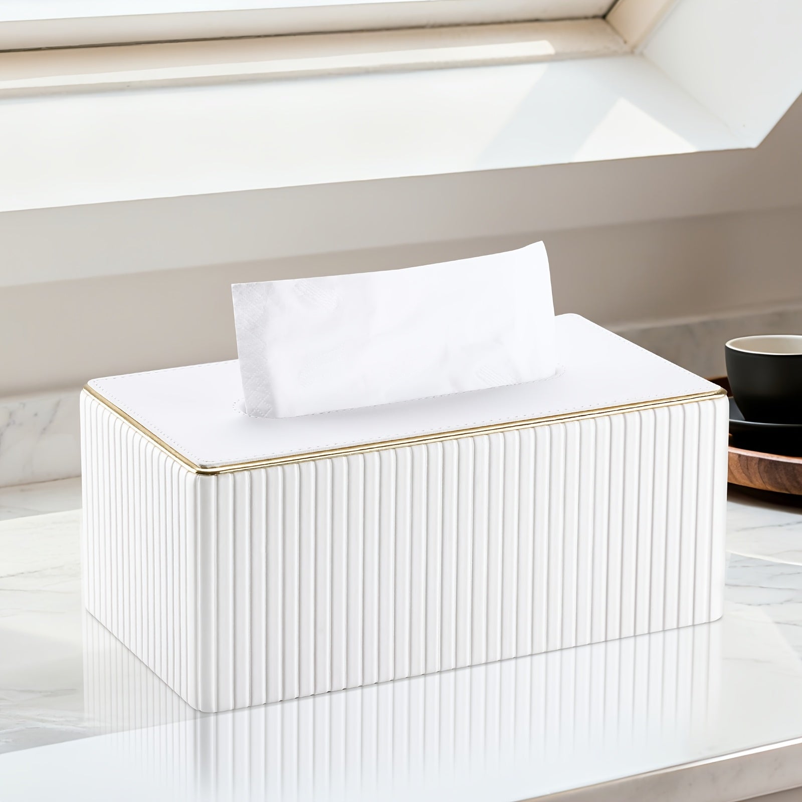 Smart Stackable Home Storage Bins – portable space-saving storage, Cream White Vertical Striped Faux Leather Tissue Box With Golden Trim Desktop Napkin Dispenser, designed for American homes, daily convenience and practical gifting