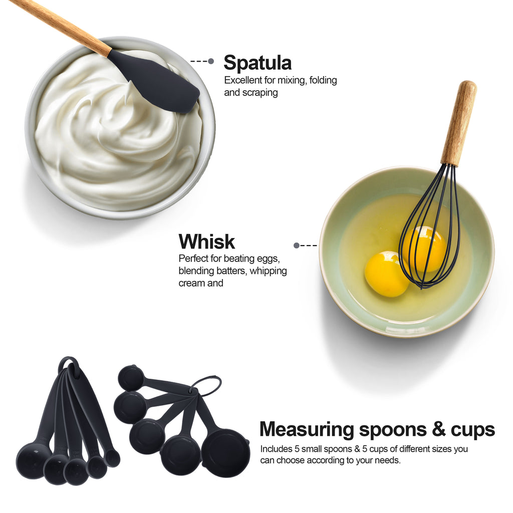 Kitchen Essential – 35 Piece Kitchen Utensils Set with Holder - Heat Resistant Wooden Handle - Silicone Non-Stick Cooking Spatula, Kitchen Essentials Tools and Gadgets for Modern US Homes, e