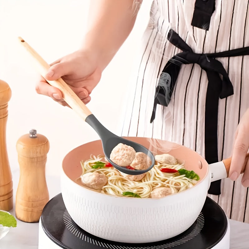 12pcs Silicone Cooking Kitchen Utensils Set with Wooden Handle, Silicone Flip Flop Tongs Spatula Spoon Kitchen Utensils Set for Non-Stick Cookware, Wooden Handle Silicone Kitchen Gadget Utensils Set, Meets Your Cooking Needs