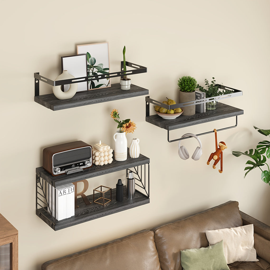 Heavy-Duty 1 Tier Adjustable Home Storage Rack – durable multi-purpose storage, TOMNK 3 1 Tier Floating Shelves for Wall with Black Metal Guardrail And Storage, designed for American homes, daily convenience and practical gifting