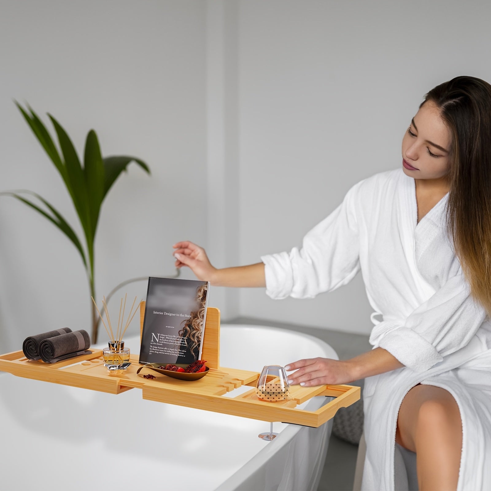 Sturdy And Durable Bathtub Tray, Made Of Wood. The Bath Table Tray Is Adjustable. The Bathtub - Specific Bath Caddy Tray Ensures Hassle - Free Storage. A Thoughtful Gift for Her.