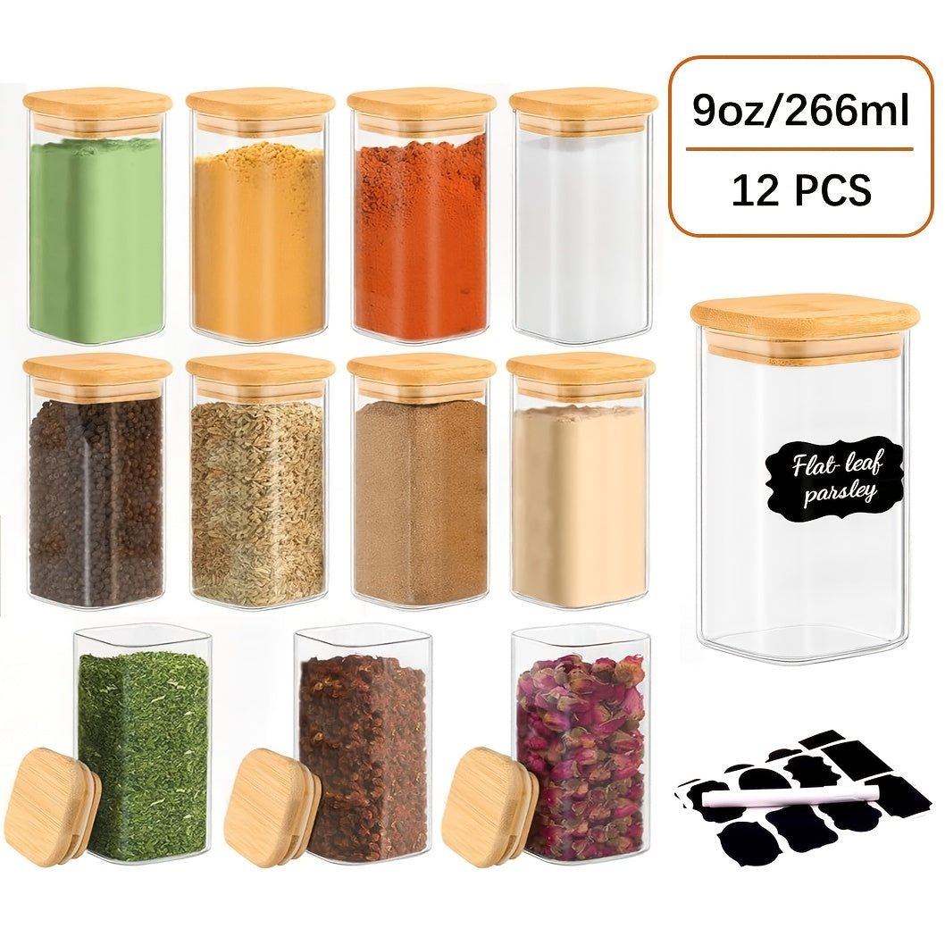 Storage Jars – 12pcs Spice Glass Jars Set with Labels 5oz 7oz 9oz Square Spice Jars with