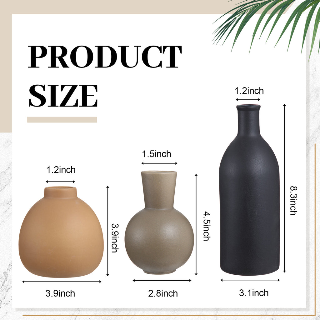 Vase Decorative Bottle 5pcs Country Style Ceramic Vase Set Table Centerpieces for Living Room 3pcs Bohemian Style Ceramic Vases with Wood Knot Chain Rings, Wooden Bead Garland Tassel Table Decor(Black)