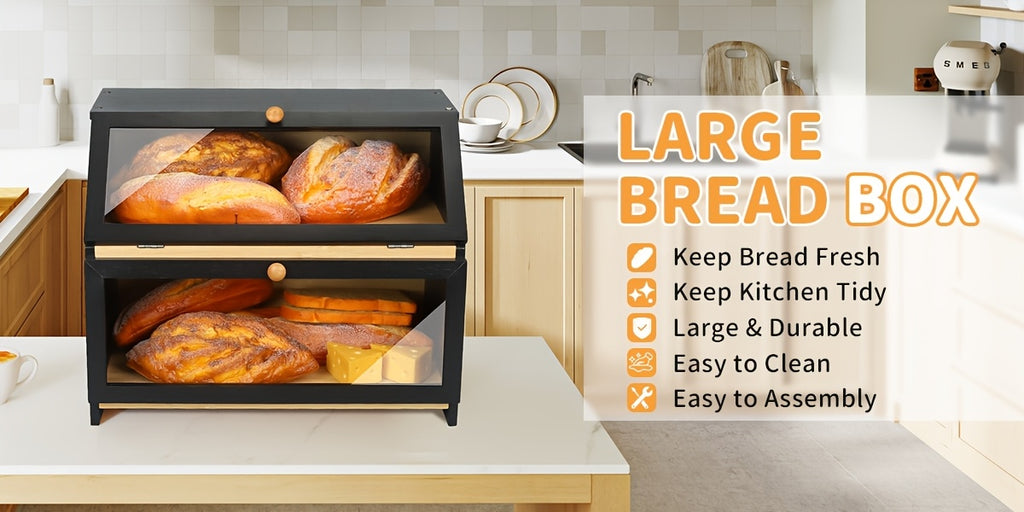 Premium Countertop Bread Storage Box – fresh-bread countertop organization, Double Layer Large Bread Box for Kitchen Counter Wooden Large Capacity Bread Storage Bin, designed for American homes, daily convenience and practical gifting