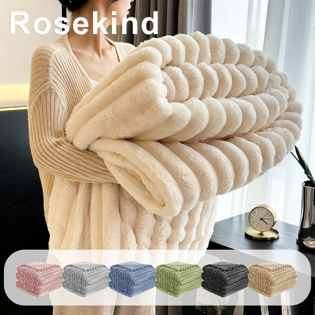 Versatile Cozy Home Textile Accent – comfortable everyday home styling, Luxurious Double-Sided Faux Rabbit Fur Throw Blanket - Cozy Striped Flannel Soft And Warm, designed for American homes, daily convenience and practical gifting