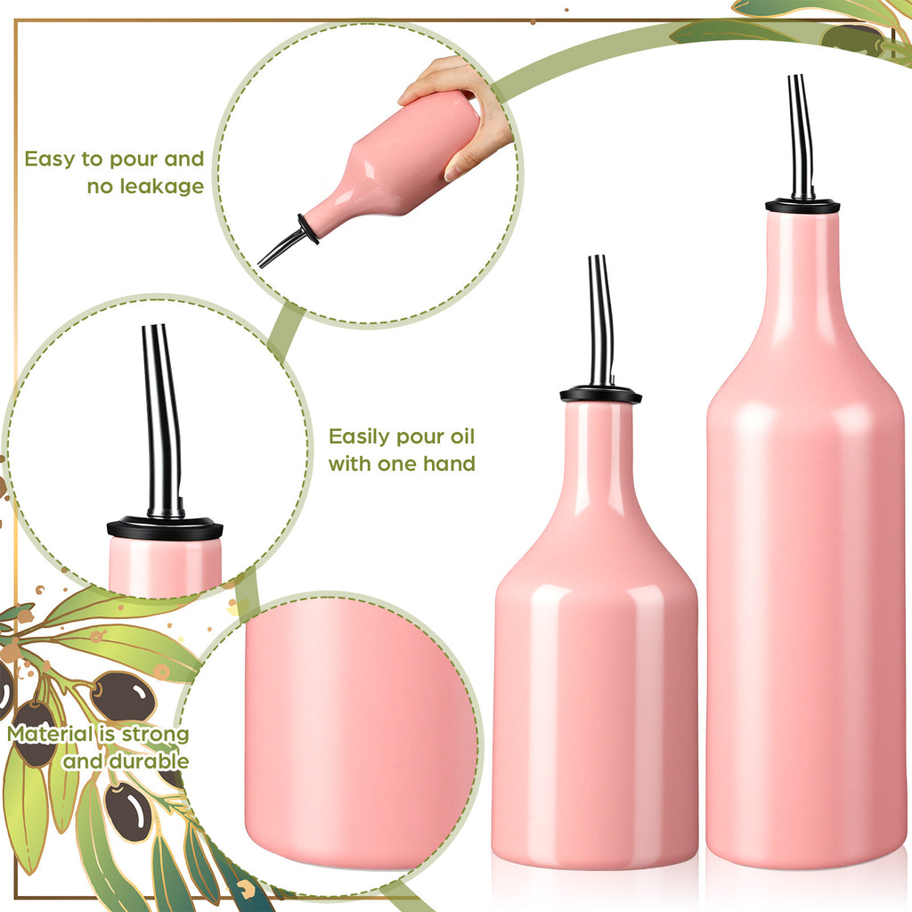 2pcs Ceramic Pink Olive Oil Dispenser Bottle for Kitchen with Stainless Steel Spout Large Capacity for Storage of Oil, Vinegar, Coffee Syrups And Other Liquids