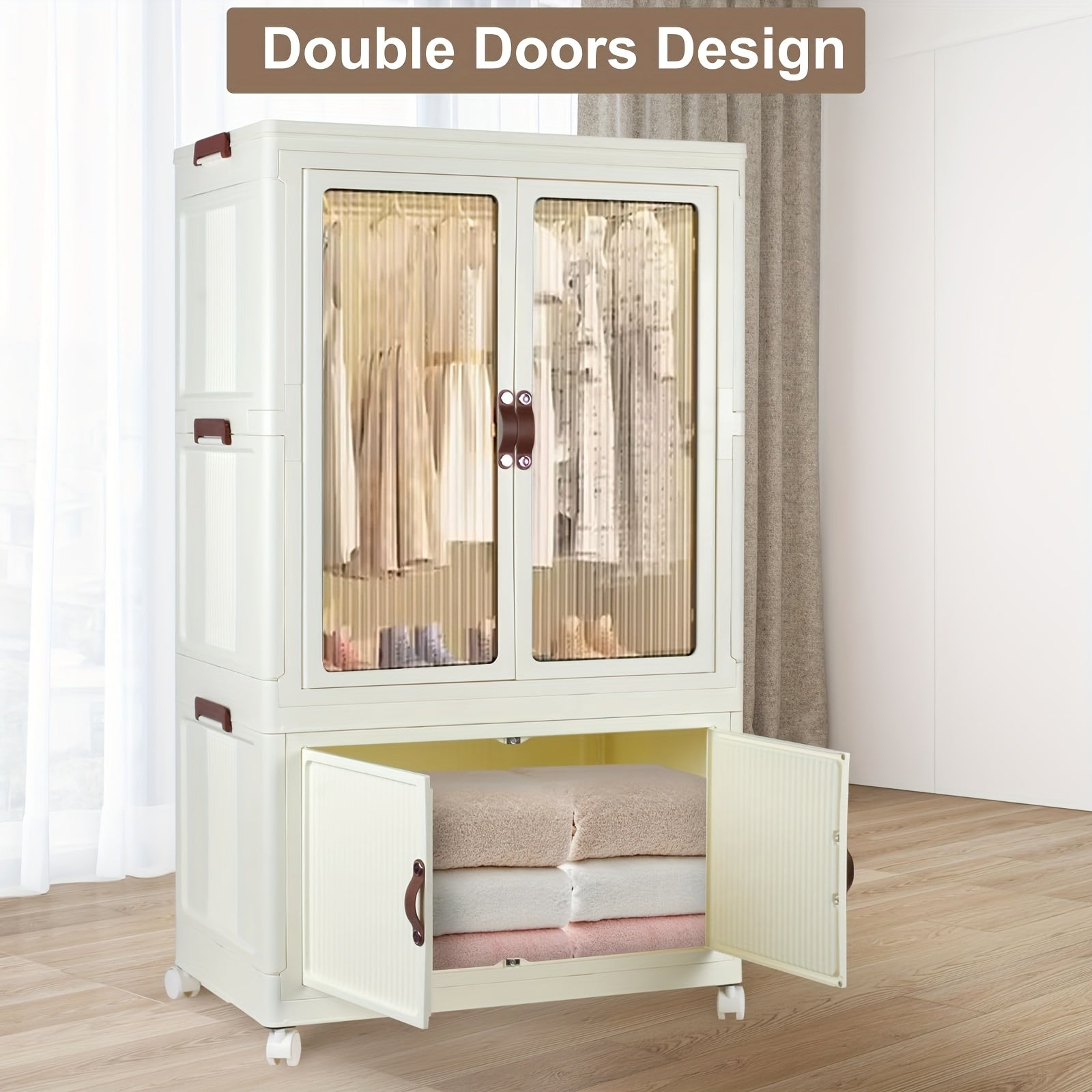 Portable Closet Wardrobe, Folding Storage Bins with Lid, Closet Organizers And Storage, Stackable Storage Box with Hanging Rod And Doors, Collapsible Plastic Clothes Cabinet with Wheels, 10 Hangers