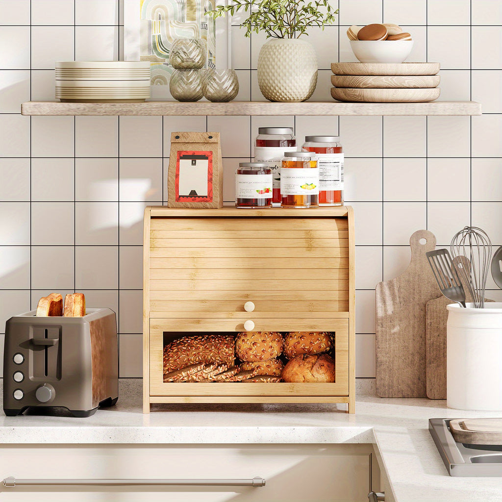 Natural, Bread Box, Natural Bamboo Bread Box for Kitchen Countertop, 2 Tier Roll-Top Bread Bin, Food Storage Box, Storage Cabinet, for Kitchen, Dining Room