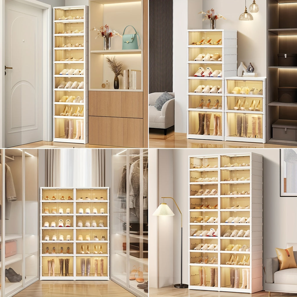 1pc/2pcs Heavy-Duty Collapsible 9-Tier Shoe Cabinet Organizer - Clear Plastic Foldable Stackable Shoe Rack with Shelves, Space-Saving Narrow Storage for Hallway, Apartment, Small Spaces - No Assembly Required (Shelves & Doors)