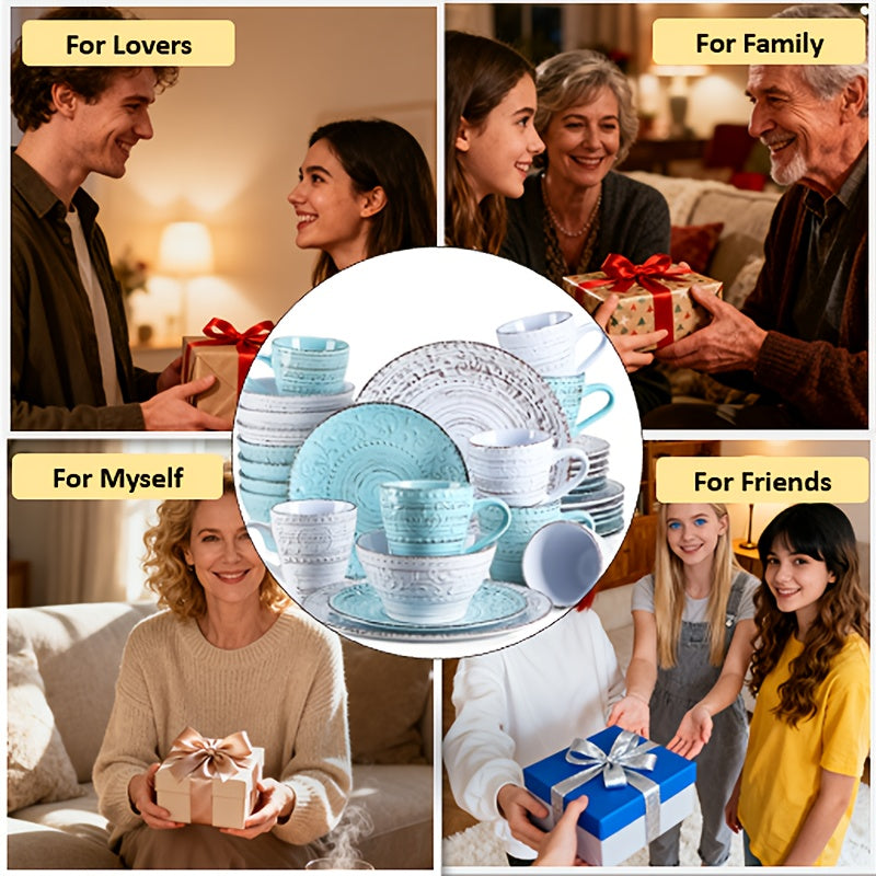 [Gifts For Weddings] Zenora 32pcs Ceramic Dinnerware Set, Embossed Modern White Porcelain Plates And Bowls For Dinner And Dessert, Microwave & Dishwasher & Oven Safe, Durable Tableware, Home Kitchen & Restaurant Use And Family Serving/ Gifts For Weddings