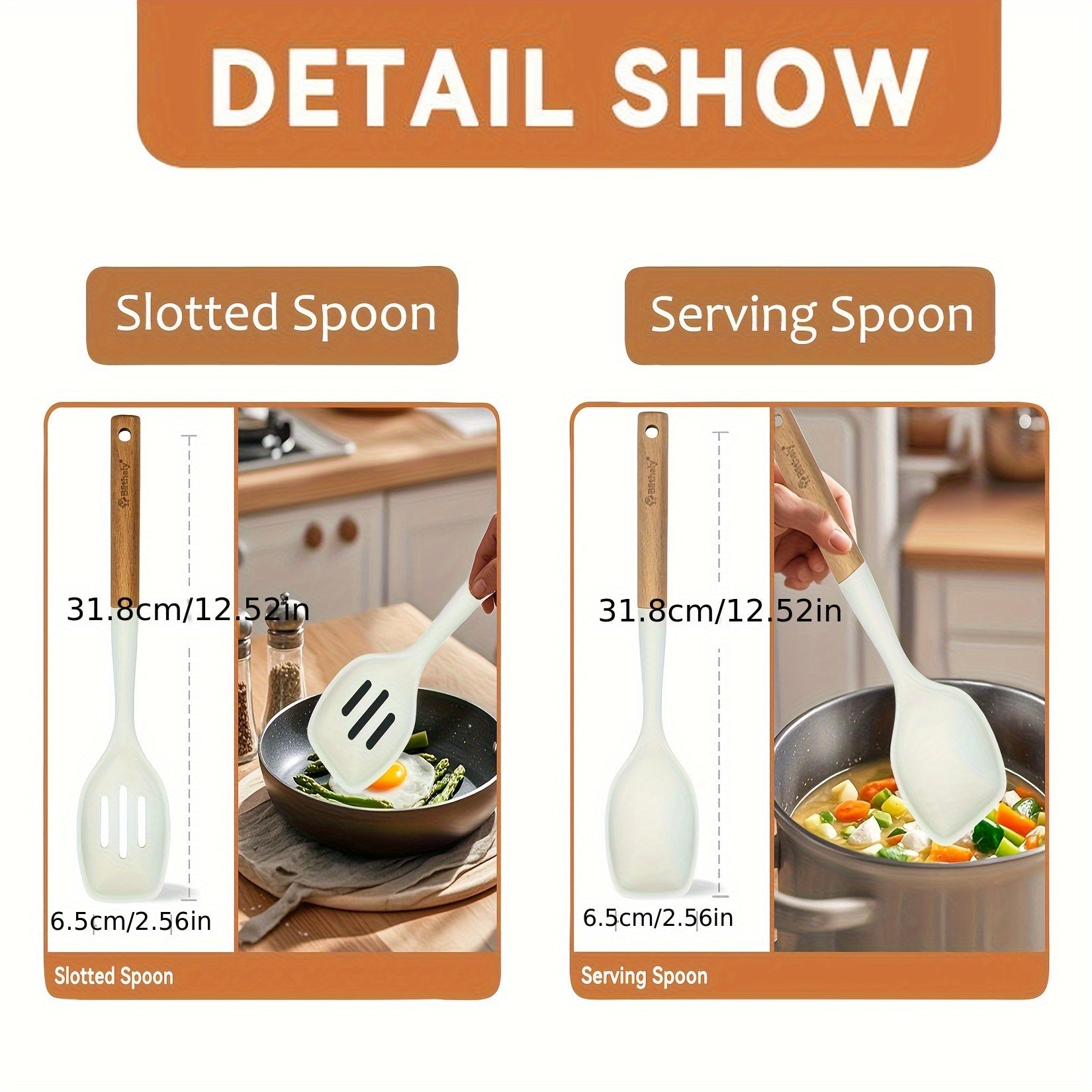Set of 2 Silicone Cooking Spoons, Sturdy Slotted Spoon with Wooden Handle, Nonstick Silicone Kitchen Utensils for Cooking, Heat-Resistant Spatula Set for Serving, Basting, And Mixing