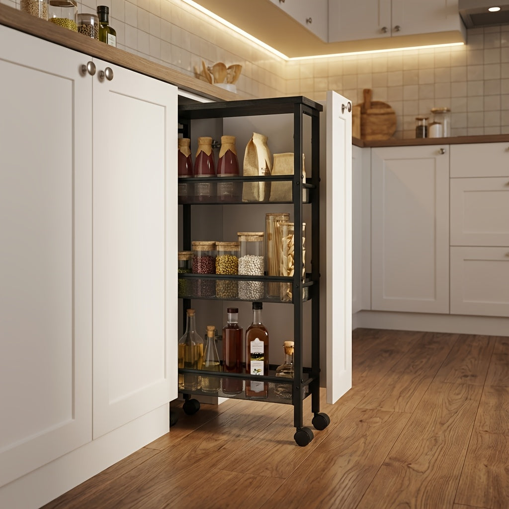 Modern Refrigerator Bottle Organizer – easy-access beverage storage, 4 5-Tier Metal Kitchen Shelf with 360 Swivel Wheels Slim Rolling Storage Cart Space-Saving, designed for American homes, daily convenience and practical gifting