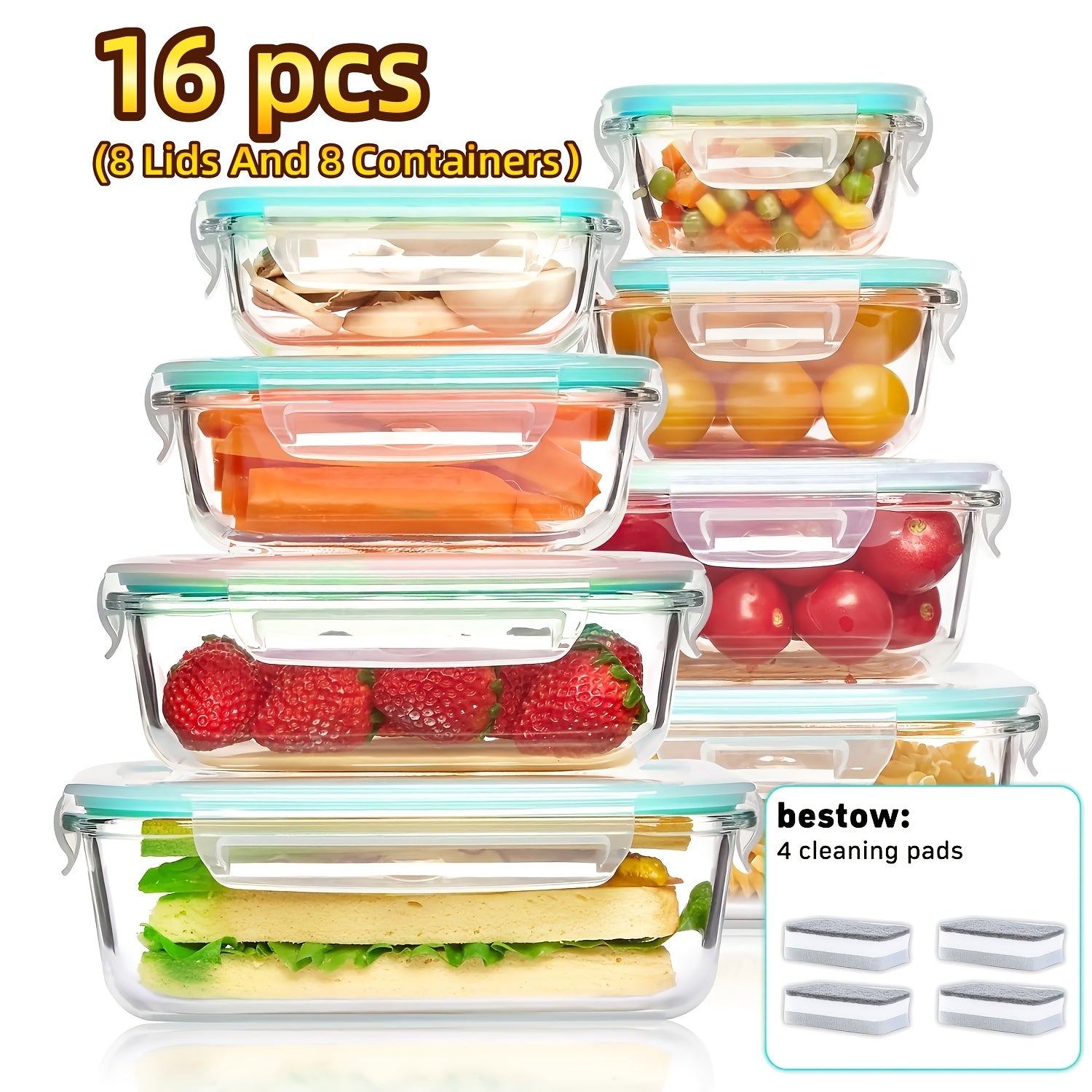 20/16pcs Airtight Glass Food Storage Containers, Outdoor Picnic, Lunch Box, Microwave, Oven - Perfect for Salads, Fruits, Vegetables, And Sandwiches, Lunch Box | Airtight Storage | Durable Glass